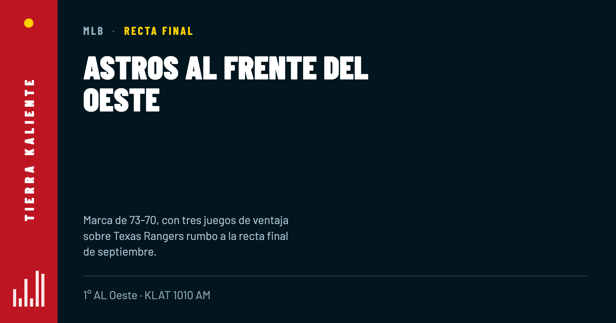 Astros llegan a septiembre de 2026 con marca de 73-70, primeros en la División Oeste de la Liga Americana